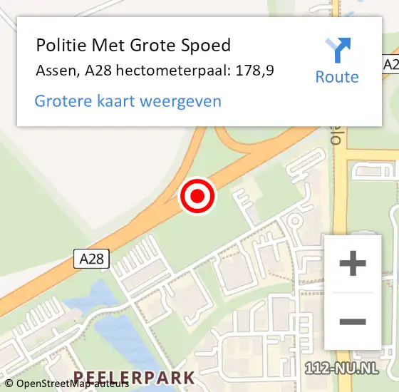 Locatie op kaart van de 112 melding: Politie Met Grote Spoed Naar Assen, A28 hectometerpaal: 178,9 op 12 oktober 2024 21:06