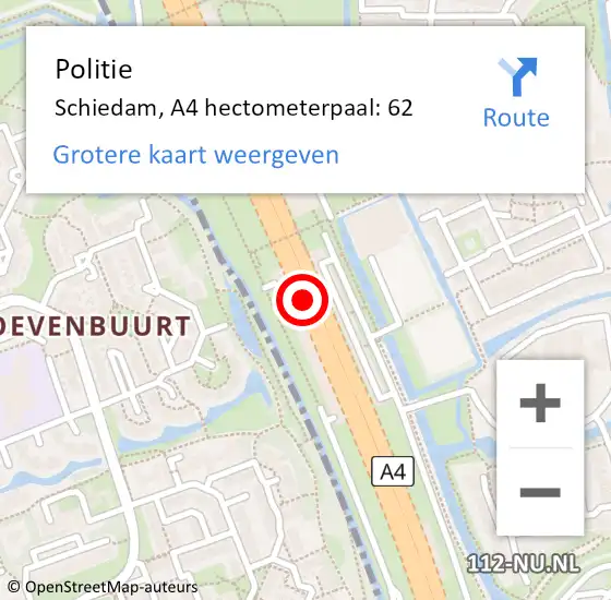 Locatie op kaart van de 112 melding: Politie Schiedam, A4 hectometerpaal: 62 op 12 oktober 2024 21:51