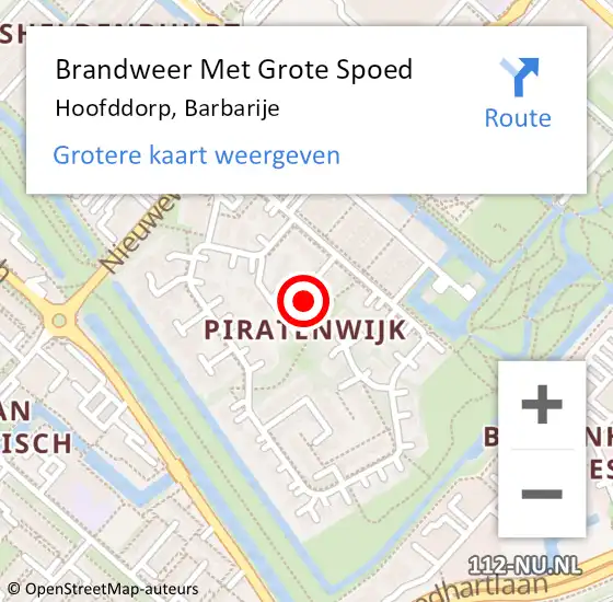 Locatie op kaart van de 112 melding: Brandweer Met Grote Spoed Naar Hoofddorp, Barbarije op 12 oktober 2024 22:01