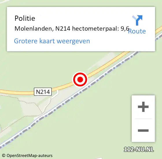 Locatie op kaart van de 112 melding: Politie Molenlanden, N214 hectometerpaal: 9,6 op 13 oktober 2024 01:00