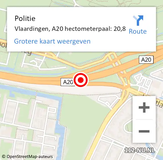 Locatie op kaart van de 112 melding: Politie Vlaardingen, A20 hectometerpaal: 20,8 op 13 oktober 2024 01:35