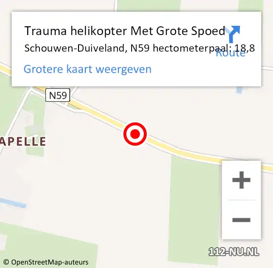 Locatie op kaart van de 112 melding: Trauma helikopter Met Grote Spoed Naar Schouwen-Duiveland, N59 hectometerpaal: 18,8 op 13 oktober 2024 02:50