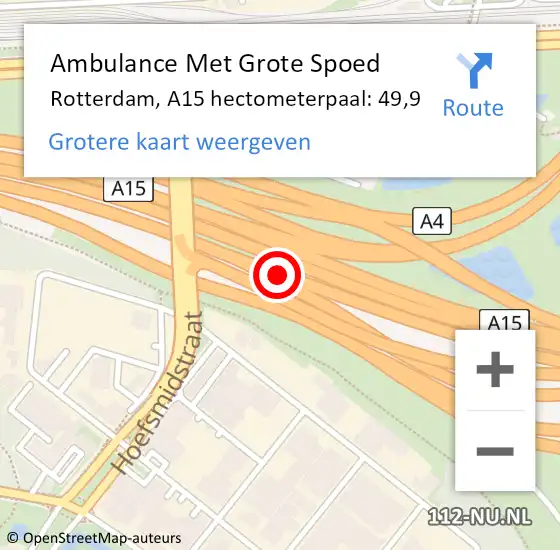 Locatie op kaart van de 112 melding: Ambulance Met Grote Spoed Naar Rotterdam, A15 hectometerpaal: 49,9 op 13 oktober 2024 03:45