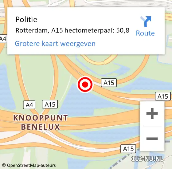 Locatie op kaart van de 112 melding: Politie Rotterdam, A15 hectometerpaal: 50,8 op 13 oktober 2024 08:13