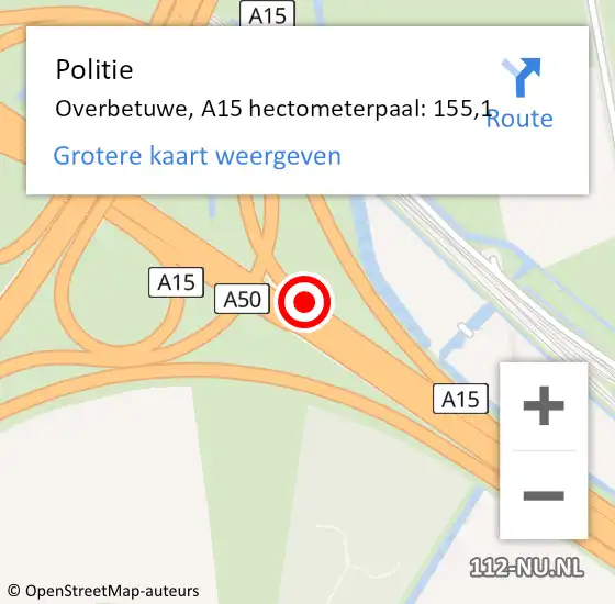 Locatie op kaart van de 112 melding: Politie Overbetuwe, A15 hectometerpaal: 155,1 op 13 oktober 2024 09:36