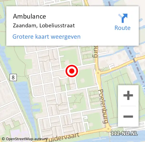 Locatie op kaart van de 112 melding: Ambulance Zaandam, Lobeliusstraat op 13 oktober 2024 09:42