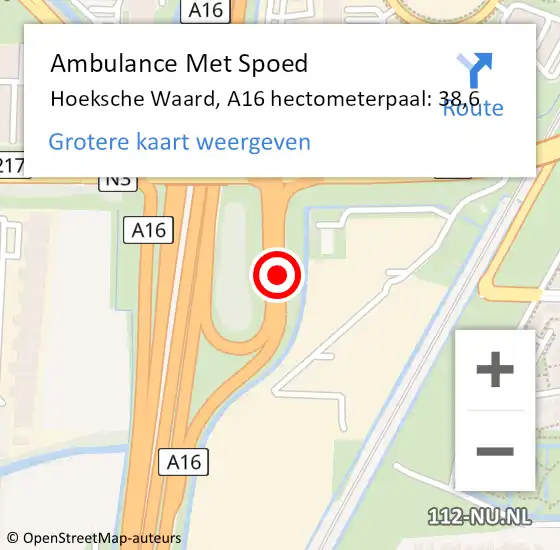 Locatie op kaart van de 112 melding: Ambulance Met Spoed Naar Hoeksche Waard, A16 hectometerpaal: 38,6 op 13 oktober 2024 11:03