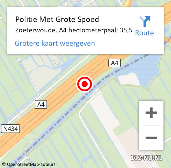 Locatie op kaart van de 112 melding: Politie Met Grote Spoed Naar Zoeterwoude, A4 hectometerpaal: 35,5 op 13 oktober 2024 12:49