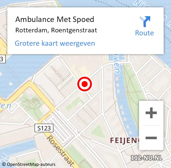 Locatie op kaart van de 112 melding: Ambulance Met Spoed Naar Rotterdam, Roentgenstraat op 13 oktober 2024 12:58