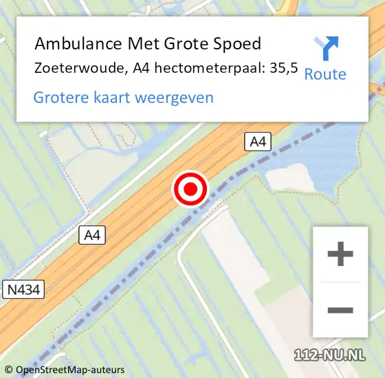 Locatie op kaart van de 112 melding: Ambulance Met Grote Spoed Naar Zoeterwoude, A4 hectometerpaal: 35,5 op 13 oktober 2024 13:08