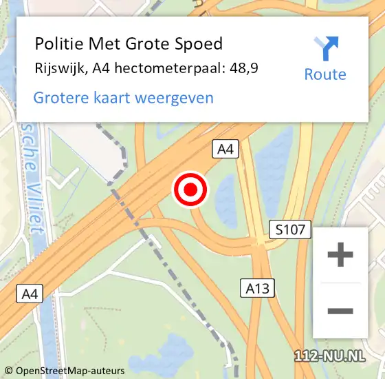 Locatie op kaart van de 112 melding: Politie Met Grote Spoed Naar Rijswijk, A4 hectometerpaal: 48,9 op 13 oktober 2024 15:20