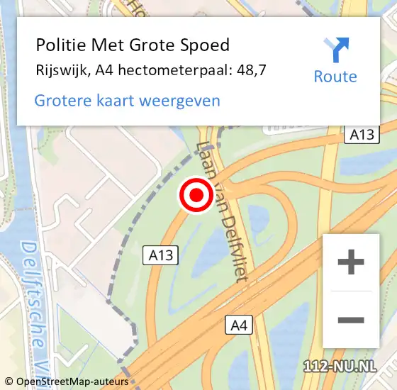 Locatie op kaart van de 112 melding: Politie Met Grote Spoed Naar Rijswijk, A4 hectometerpaal: 48,7 op 13 oktober 2024 15:20