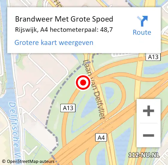 Locatie op kaart van de 112 melding: Brandweer Met Grote Spoed Naar Rijswijk, A4 hectometerpaal: 48,7 op 13 oktober 2024 15:21