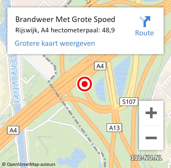 Locatie op kaart van de 112 melding: Brandweer Met Grote Spoed Naar Rijswijk, A4 hectometerpaal: 48,9 op 13 oktober 2024 15:22