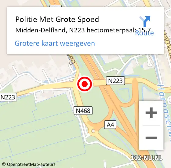 Locatie op kaart van de 112 melding: Politie Met Grote Spoed Naar Midden-Delfland, N223 hectometerpaal: 15,7 op 13 oktober 2024 15:22