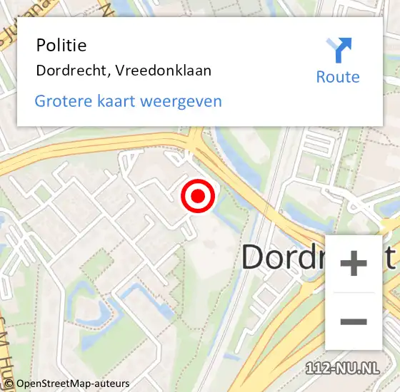 Locatie op kaart van de 112 melding: Politie Dordrecht, Vreedonklaan op 13 oktober 2024 15:23