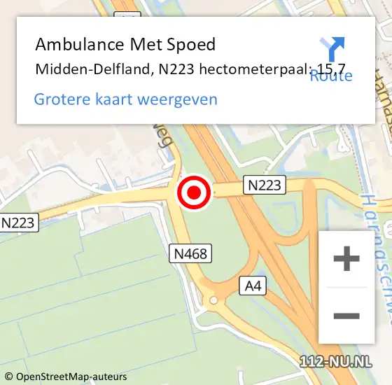 Locatie op kaart van de 112 melding: Ambulance Met Spoed Naar Midden-Delfland, N223 hectometerpaal: 15,7 op 13 oktober 2024 15:30