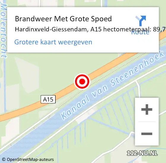 Locatie op kaart van de 112 melding: Brandweer Met Grote Spoed Naar Hardinxveld-Giessendam, A15 hectometerpaal: 89,7 op 13 oktober 2024 17:15