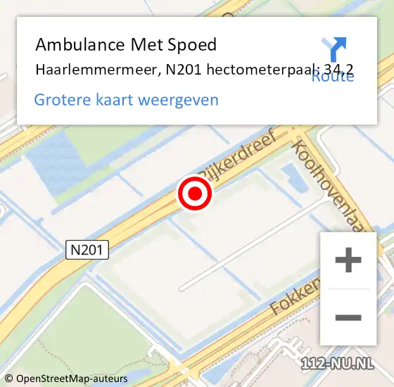 Locatie op kaart van de 112 melding: Ambulance Met Spoed Naar Haarlemmermeer, N201 hectometerpaal: 34,2 op 13 oktober 2024 17:59