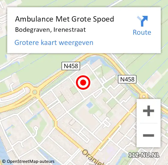 Locatie op kaart van de 112 melding: Ambulance Met Grote Spoed Naar Bodegraven, Irenestraat op 13 oktober 2024 18:09