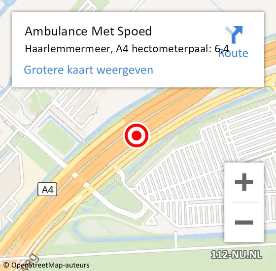 Locatie op kaart van de 112 melding: Ambulance Met Spoed Naar Haarlemmermeer, A4 hectometerpaal: 6,4 op 13 oktober 2024 18:42