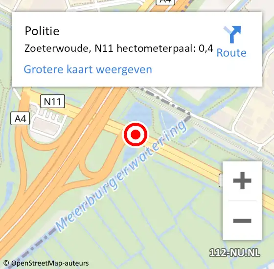 Locatie op kaart van de 112 melding: Politie Zoeterwoude, N11 hectometerpaal: 0,4 op 13 oktober 2024 19:31