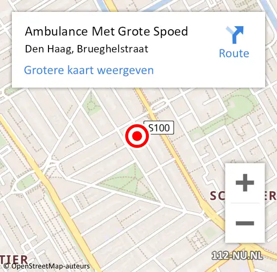 Locatie op kaart van de 112 melding: Ambulance Met Grote Spoed Naar Den Haag, Brueghelstraat op 13 oktober 2024 19:40