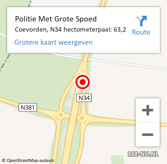 Locatie op kaart van de 112 melding: Politie Met Grote Spoed Naar Coevorden, N34 hectometerpaal: 63,2 op 13 oktober 2024 20:49