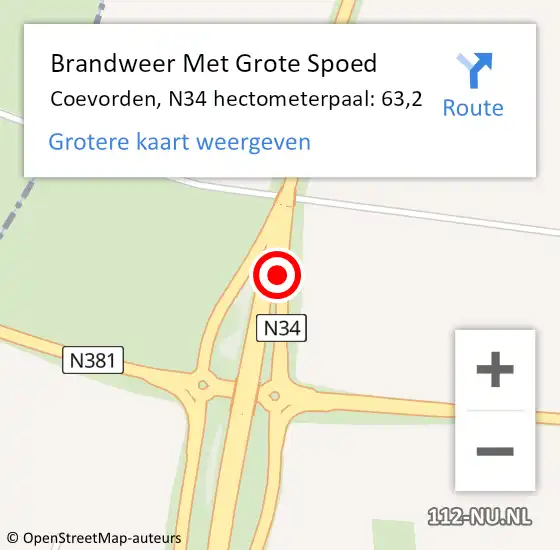 Locatie op kaart van de 112 melding: Brandweer Met Grote Spoed Naar Coevorden, N34 hectometerpaal: 63,2 op 13 oktober 2024 20:50