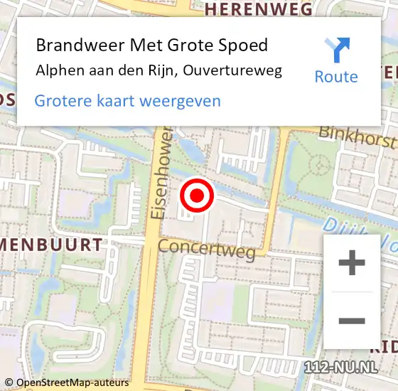 Locatie op kaart van de 112 melding: Brandweer Met Grote Spoed Naar Alphen aan den Rijn, Ouvertureweg op 13 oktober 2024 20:54