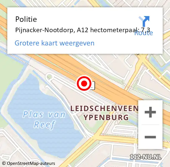 Locatie op kaart van de 112 melding: Politie Pijnacker-Nootdorp, A12 hectometerpaal: 7,3 op 13 oktober 2024 21:05