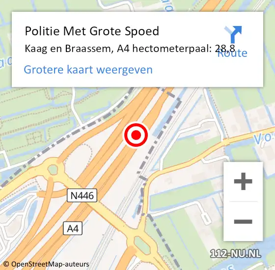 Locatie op kaart van de 112 melding: Politie Met Grote Spoed Naar Kaag en Braassem, A4 hectometerpaal: 28,8 op 13 oktober 2024 21:16