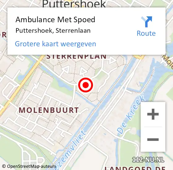 Locatie op kaart van de 112 melding: Ambulance Met Spoed Naar Puttershoek, Sterrenlaan op 14 oktober 2024 02:58