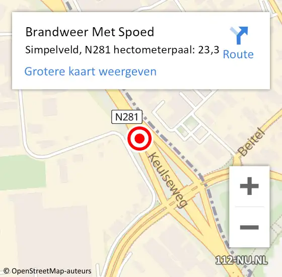 Locatie op kaart van de 112 melding: Brandweer Met Spoed Naar Simpelveld, N281 hectometerpaal: 23,3 op 14 oktober 2024 04:31