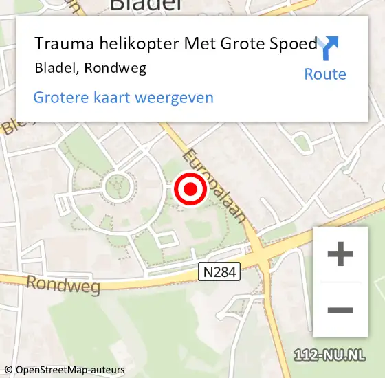 Locatie op kaart van de 112 melding: Trauma helikopter Met Grote Spoed Naar Bladel, Rondweg op 14 oktober 2024 04:37