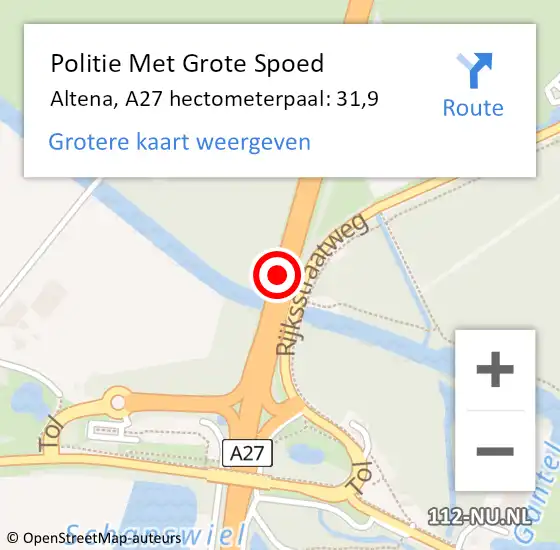 Locatie op kaart van de 112 melding: Politie Met Grote Spoed Naar Altena, A27 hectometerpaal: 31,9 op 14 oktober 2024 06:44