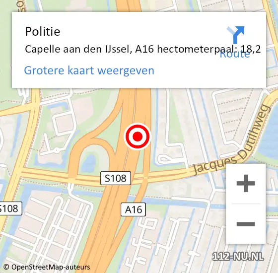 Locatie op kaart van de 112 melding: Politie Capelle aan den IJssel, A16 hectometerpaal: 18,2 op 14 oktober 2024 06:45