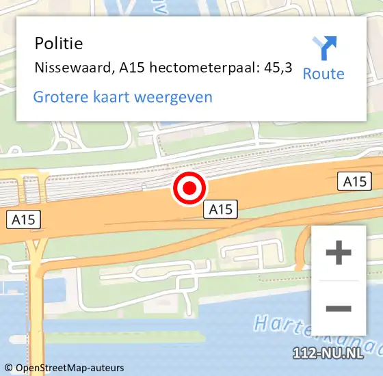 Locatie op kaart van de 112 melding: Politie Nissewaard, A15 hectometerpaal: 45,3 op 14 oktober 2024 06:57