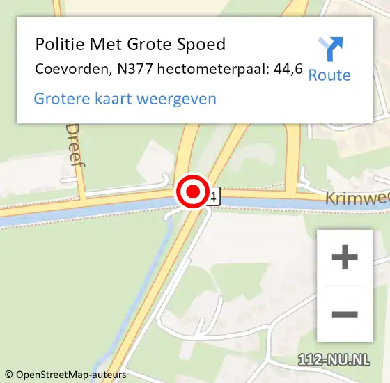 Locatie op kaart van de 112 melding: Politie Met Grote Spoed Naar Coevorden, N377 hectometerpaal: 44,6 op 14 oktober 2024 07:26