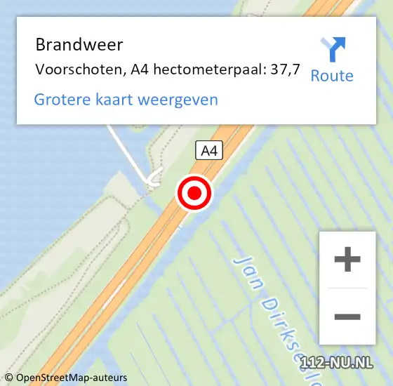 Locatie op kaart van de 112 melding: Brandweer Voorschoten, A4 hectometerpaal: 37,7 op 14 oktober 2024 07:41