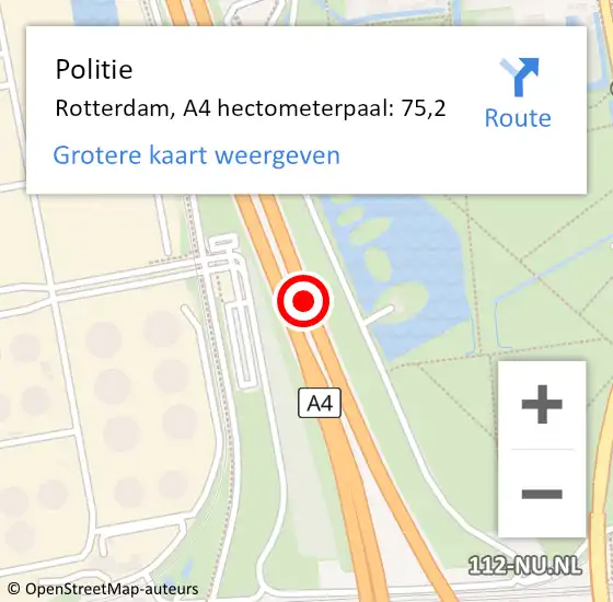 Locatie op kaart van de 112 melding: Politie Rotterdam, A4 hectometerpaal: 75,2 op 14 oktober 2024 07:52