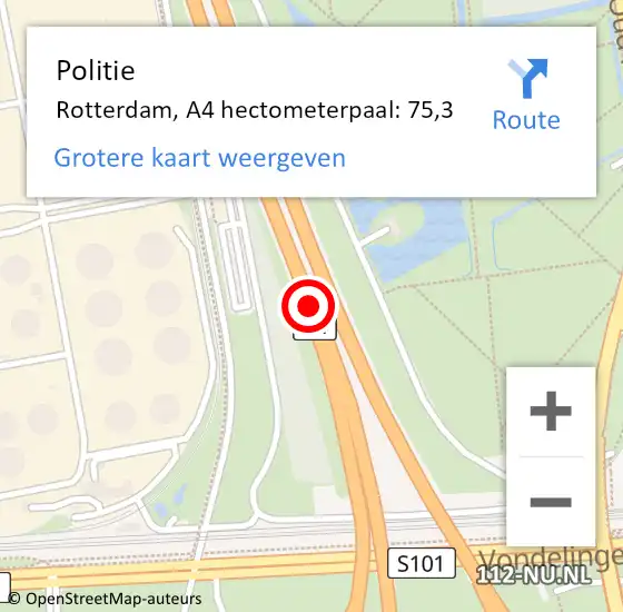 Locatie op kaart van de 112 melding: Politie Rotterdam, A4 hectometerpaal: 75,3 op 14 oktober 2024 07:52