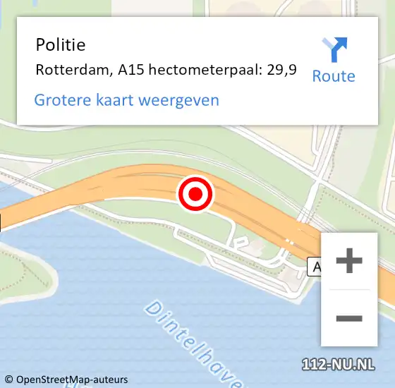 Locatie op kaart van de 112 melding: Politie Rotterdam, A15 hectometerpaal: 29,9 op 14 oktober 2024 08:23