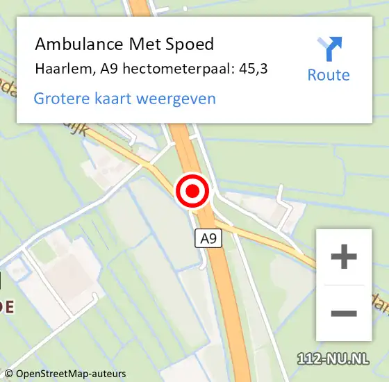 Locatie op kaart van de 112 melding: Ambulance Met Spoed Naar Haarlem, A9 hectometerpaal: 45,3 op 14 oktober 2024 08:29