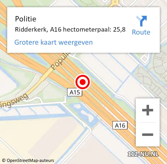 Locatie op kaart van de 112 melding: Politie Ridderkerk, A16 hectometerpaal: 25,8 op 14 oktober 2024 08:44