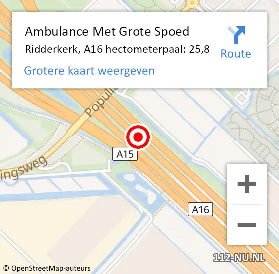 Locatie op kaart van de 112 melding: Ambulance Met Grote Spoed Naar Ridderkerk, A16 hectometerpaal: 25,8 op 14 oktober 2024 08:45