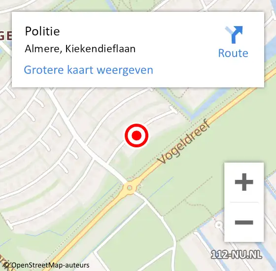 Locatie op kaart van de 112 melding: Politie Almere, Kiekendieflaan op 14 oktober 2024 09:13