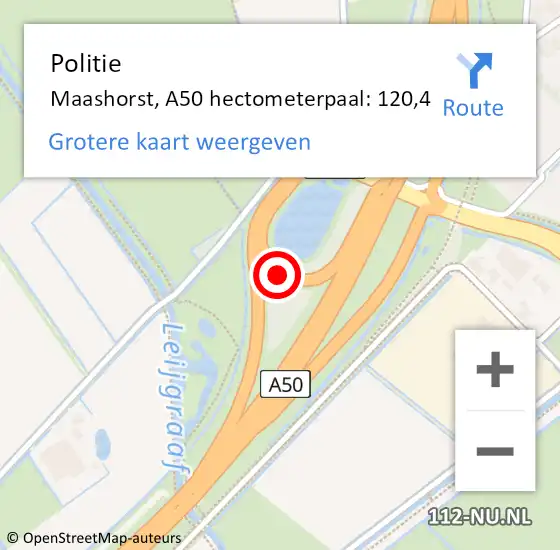 Locatie op kaart van de 112 melding: Politie Maashorst, A50 hectometerpaal: 120,4 op 14 oktober 2024 09:26