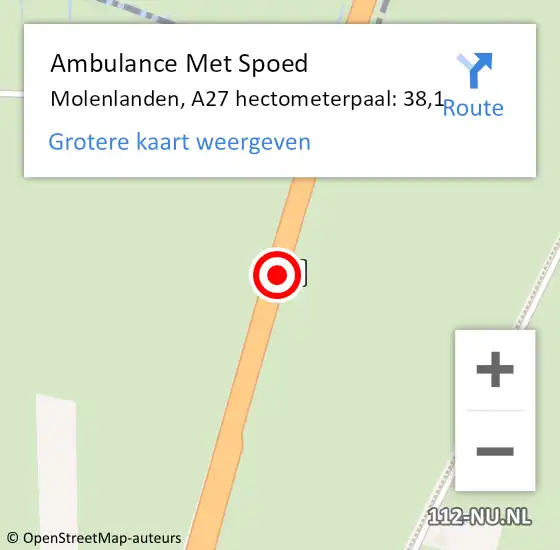 Locatie op kaart van de 112 melding: Ambulance Met Spoed Naar Molenlanden, A27 hectometerpaal: 38,1 op 14 oktober 2024 10:36