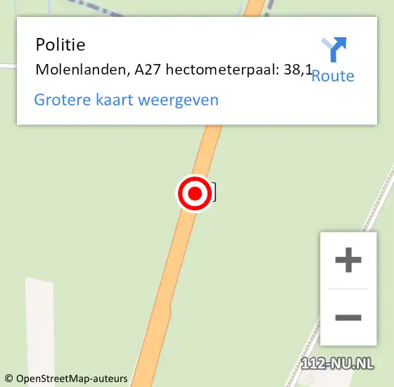 Locatie op kaart van de 112 melding: Politie Molenlanden, A27 hectometerpaal: 38,1 op 14 oktober 2024 10:37